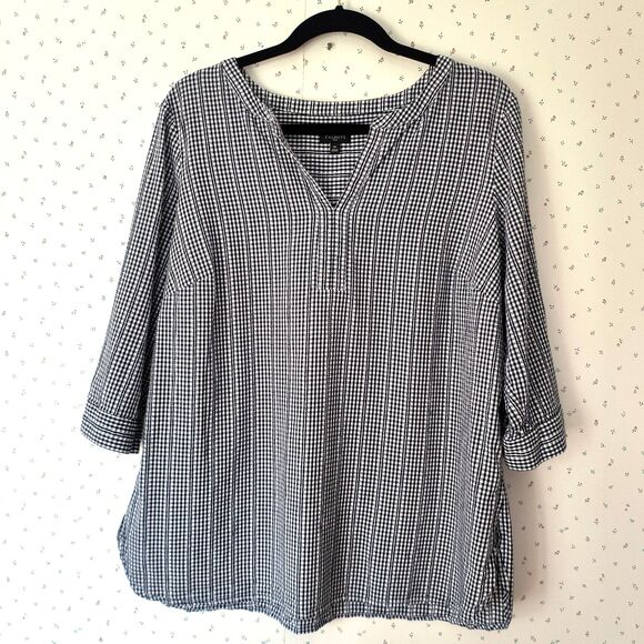 Talbots Top 1X Black White Checked Popover Tunic 100% Cotton Coastal Beachy Boho - Picture 1 of 15
